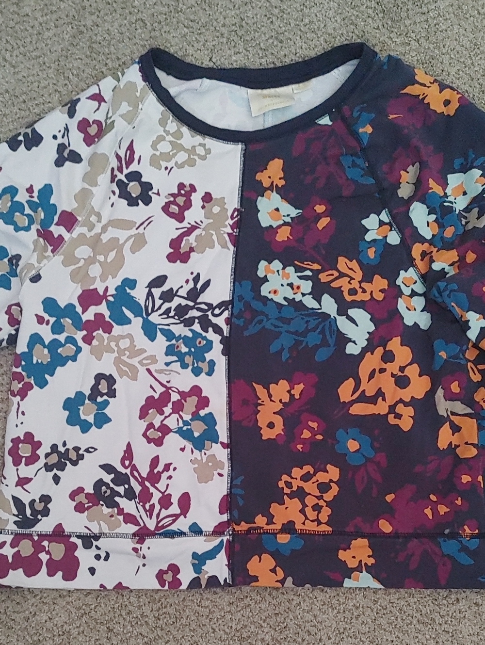 Anthropologie Split Floral Long Sleeve Top - Navy, White & Multicolor
